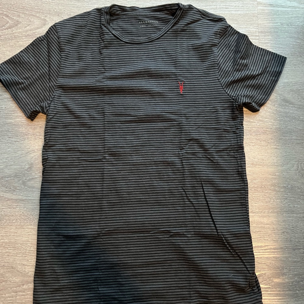 All Saints Black striped shirt with Red Ramskull logo (XS)